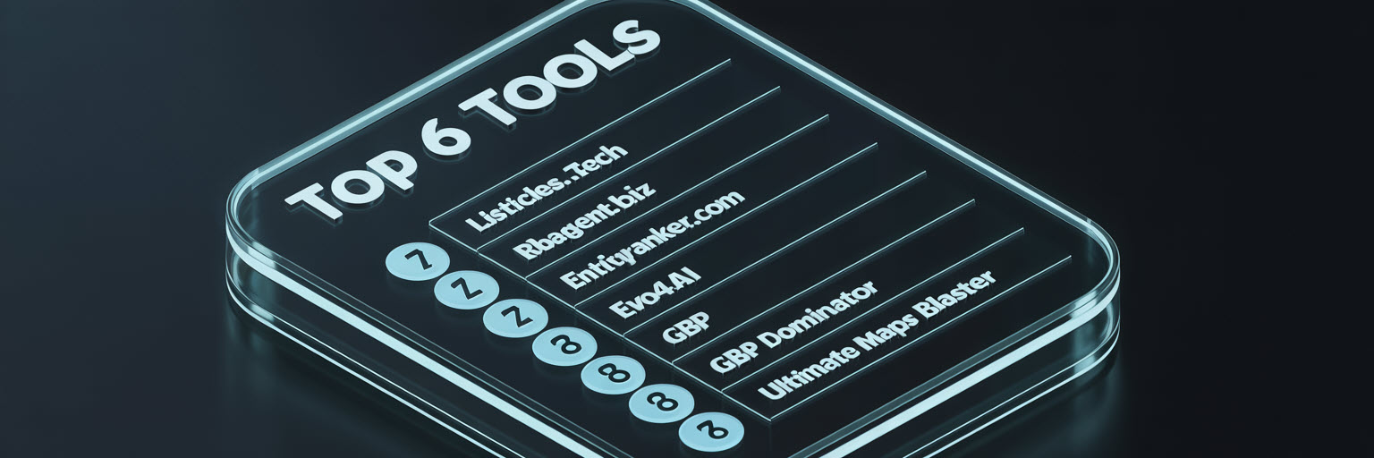 Stack of six glass cards representing a top 6 listicle of GEO tools with neon cyan accents