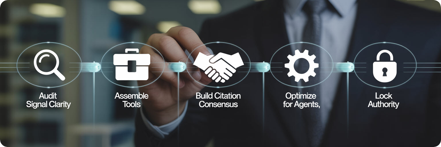 Five-step generative engine optimization framework showing audit, tool stack, citation consensus, AI agent targeting, and authority hard-coding for AI search visibility